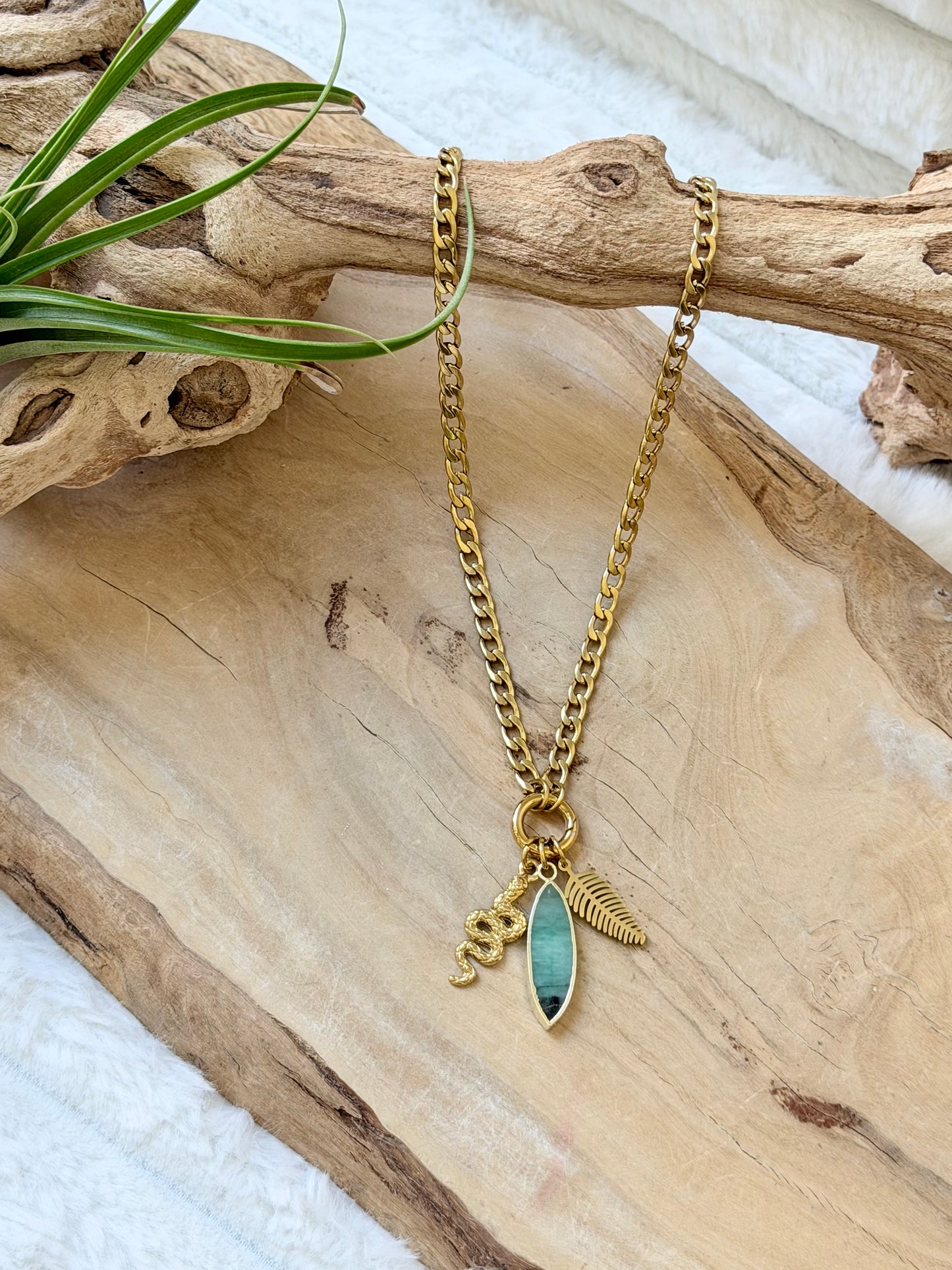 Emerald + Gold Carabiner Necklace