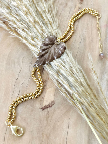 Brown Brass Leaf + Matte Gold Chain Bracelet