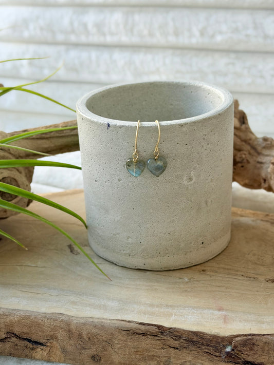 Light Gray Labradorite + Matte Gold Heart Earrings