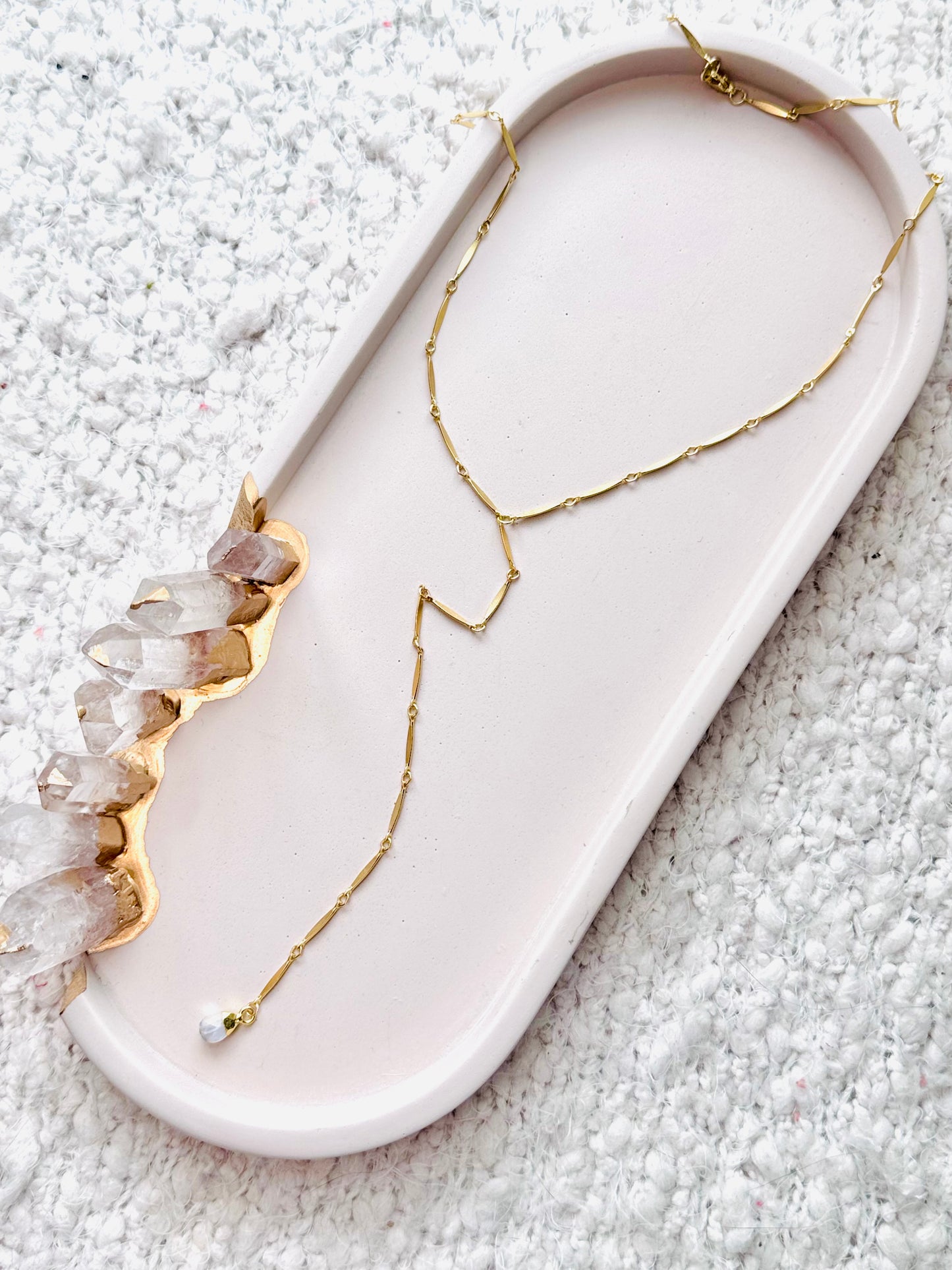 Rainbow Moonstone + Gold Lariat Necklace