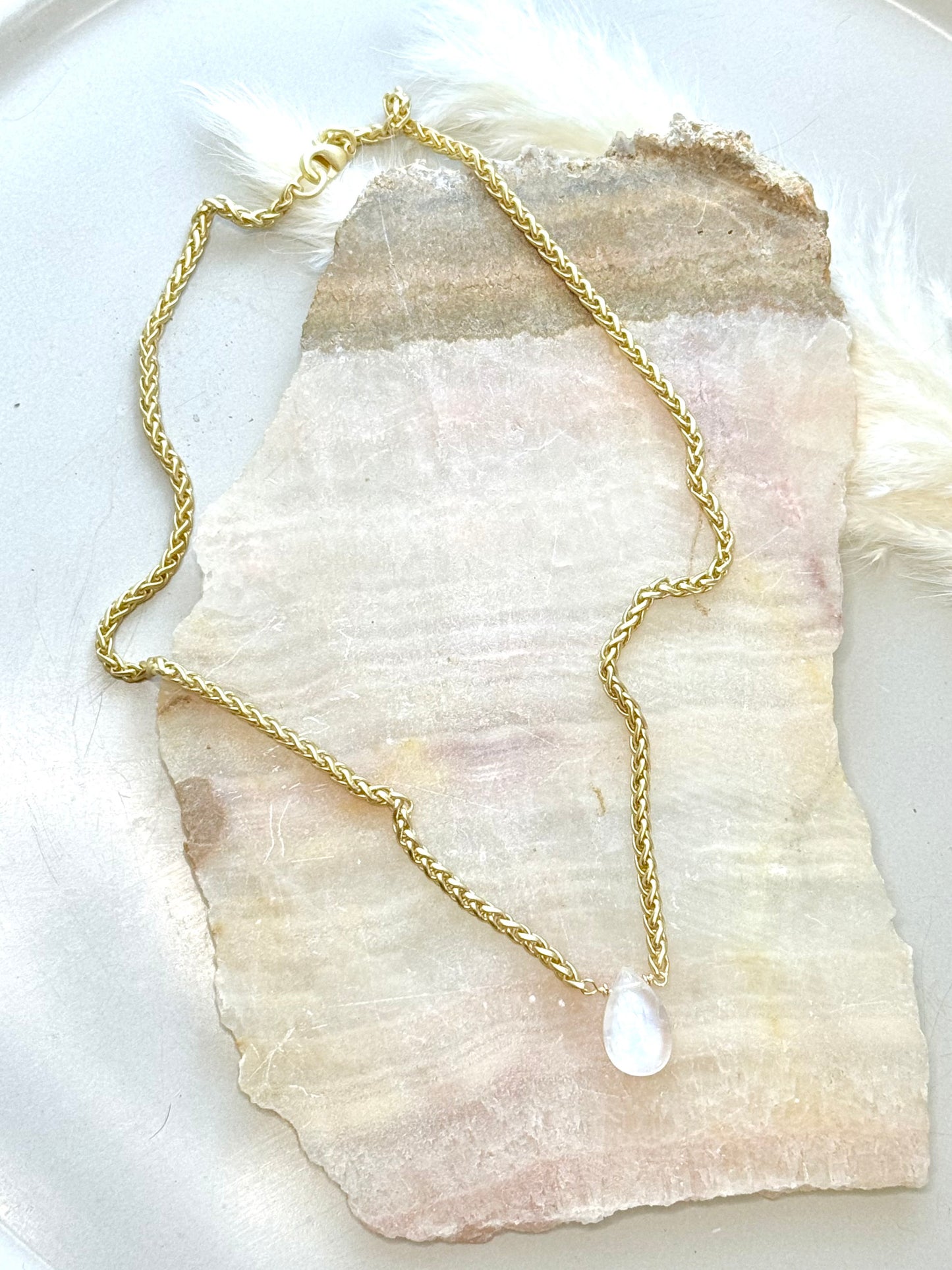Rainbow Moonstone + Matte Gold Necklace
