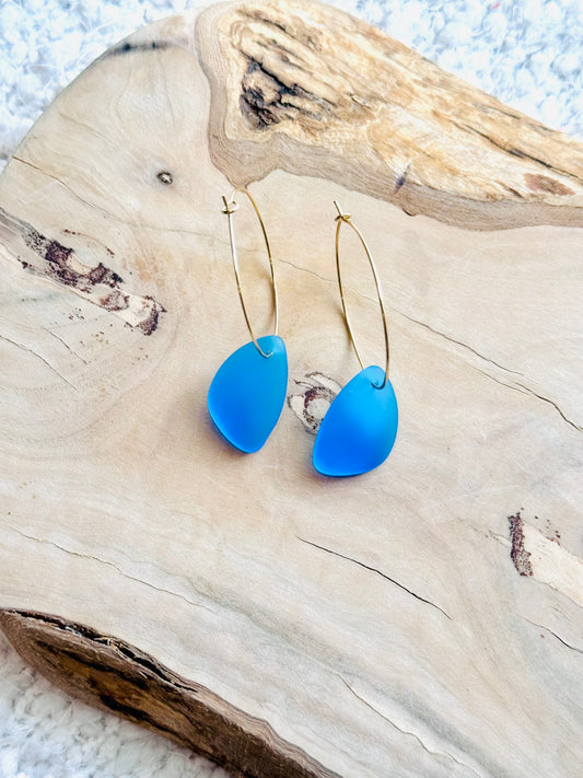 Bright Blue Sea Glass + Gold Hoop Earrings