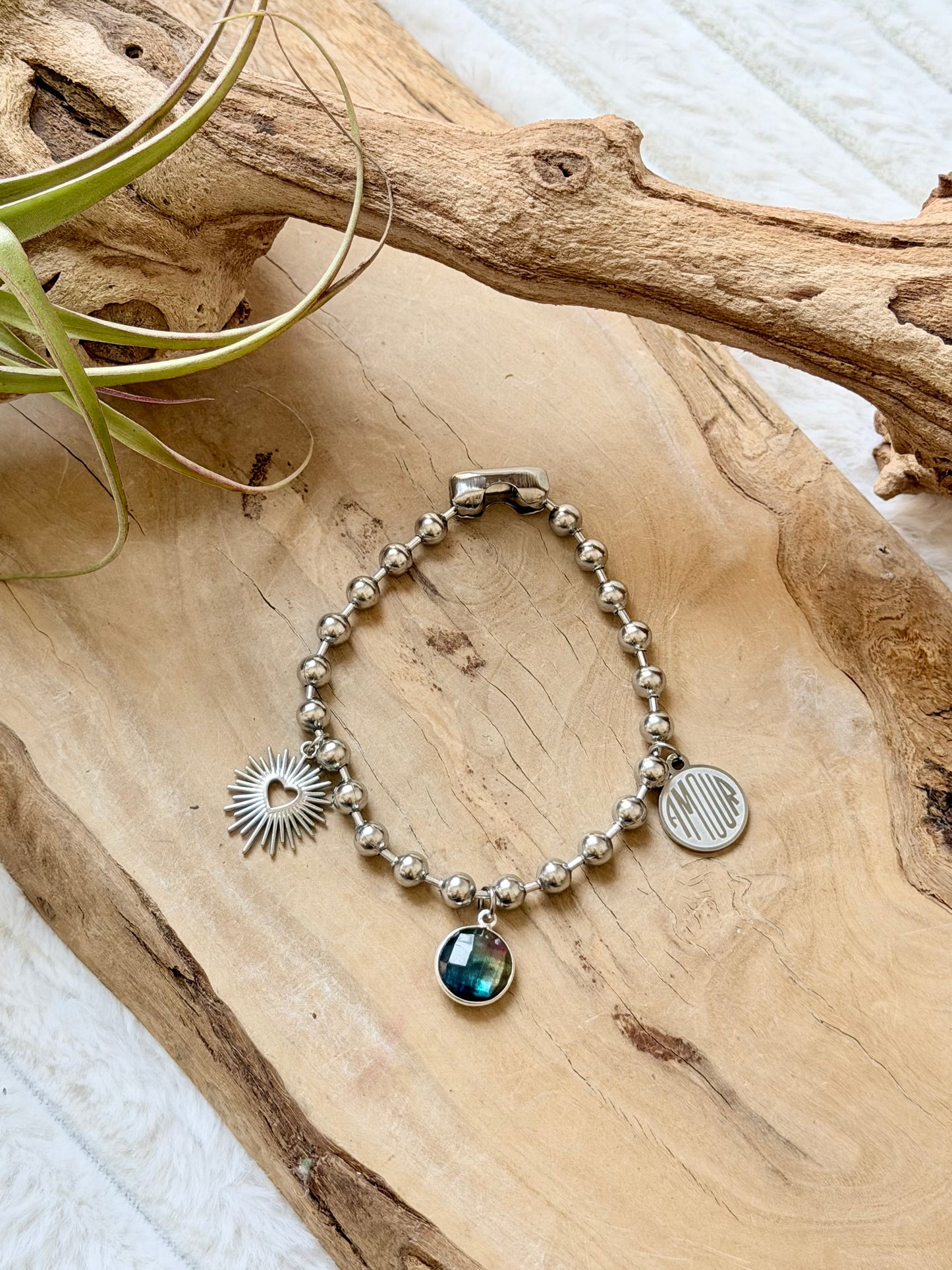 Multi-Color Quartz + Stainless Ball Chain Charm Bracelet