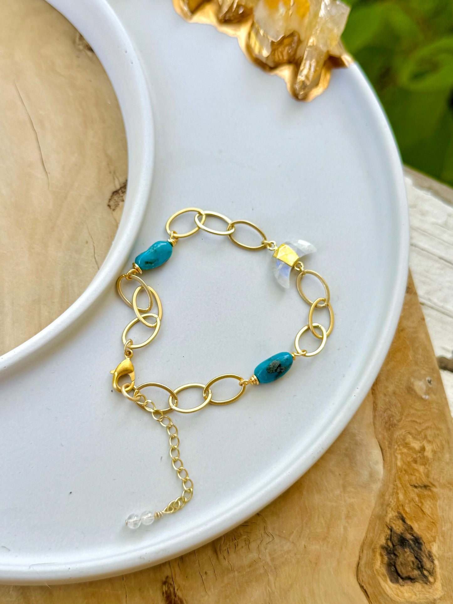 Sleeping Beauty Turquoise + Moonstone Gold Gemstone Moon Bracelet