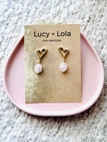 Rose Quartz + Gold Heart Earrings