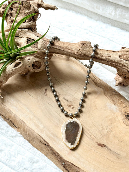 Large Agate + Gunmetal Ball Chain Necklace