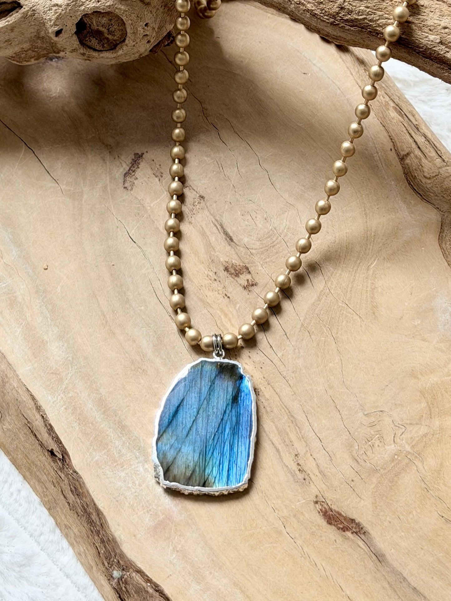 Labradorite + Matte Gold Ball Chain Necklace