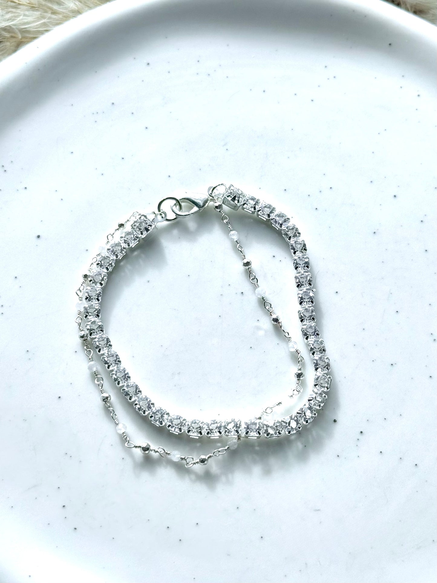 Rainbow Moonstone + Silver Rhinestone Bracelet