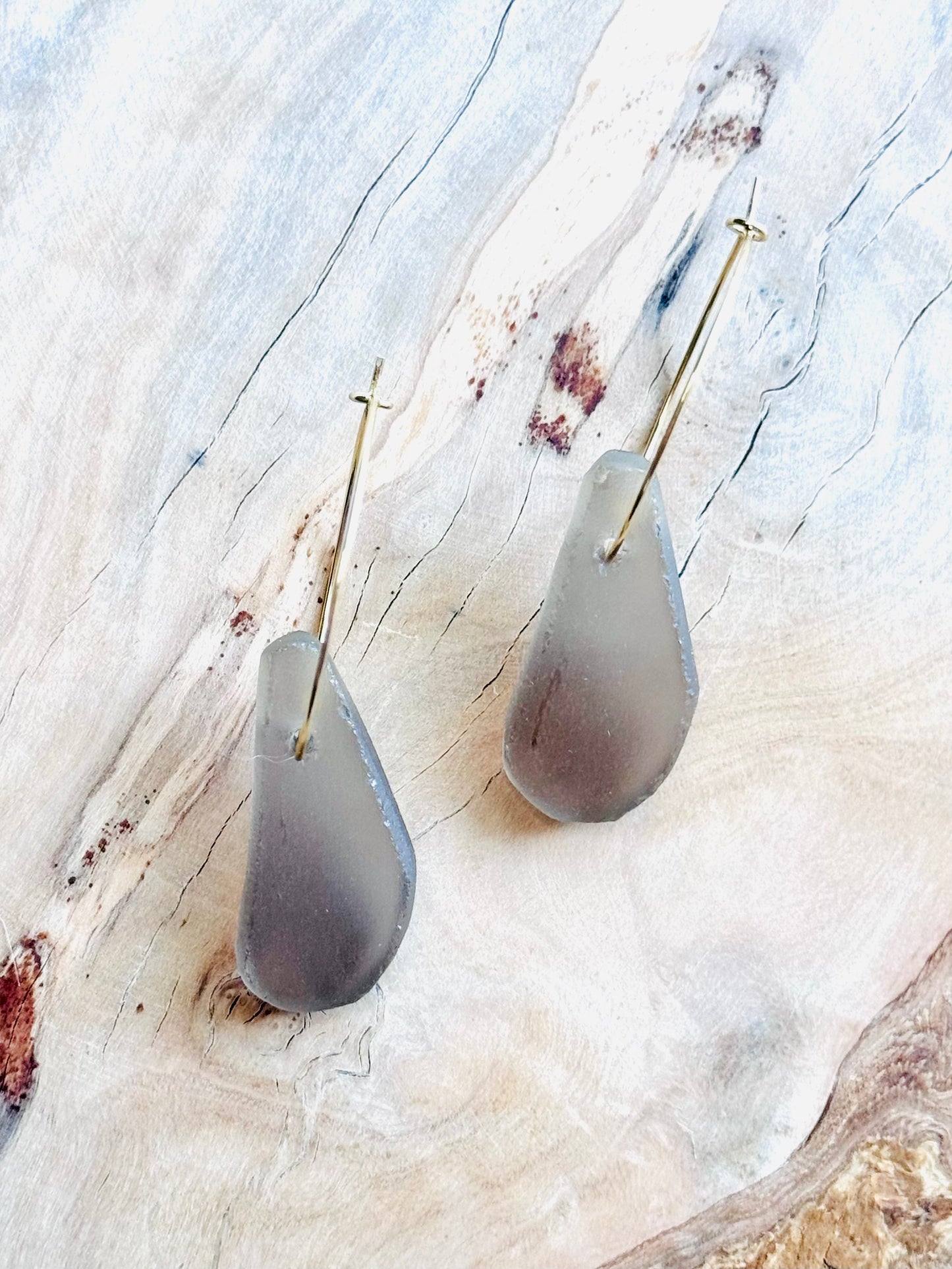 Gray Sea Glass + Gold Hoop Earrings