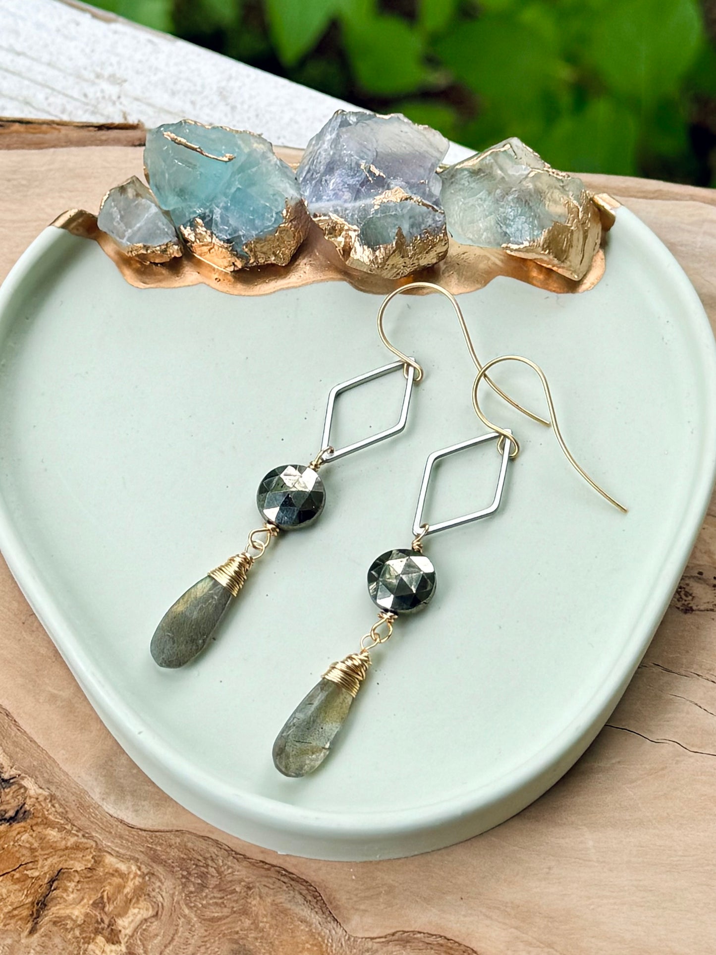 Labradorite + Pyrite Mixed Metal Drop Earrings