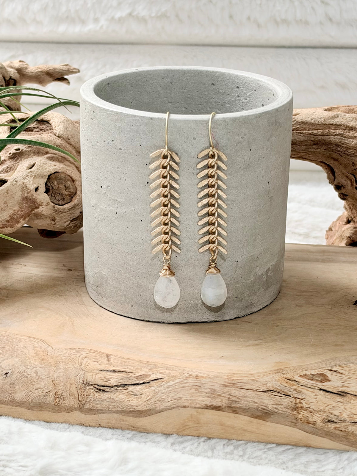 Rainbow Moonstone +  Matte Gold Fishbone Earrings