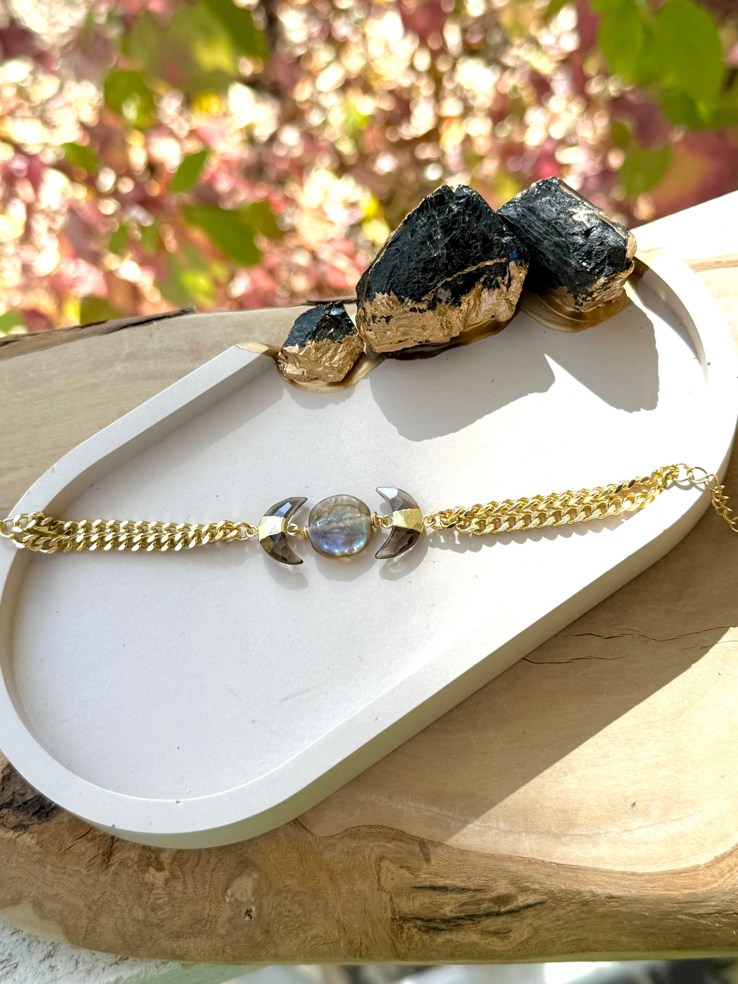 Labradorite + Abalone Gold Moon Bracelet