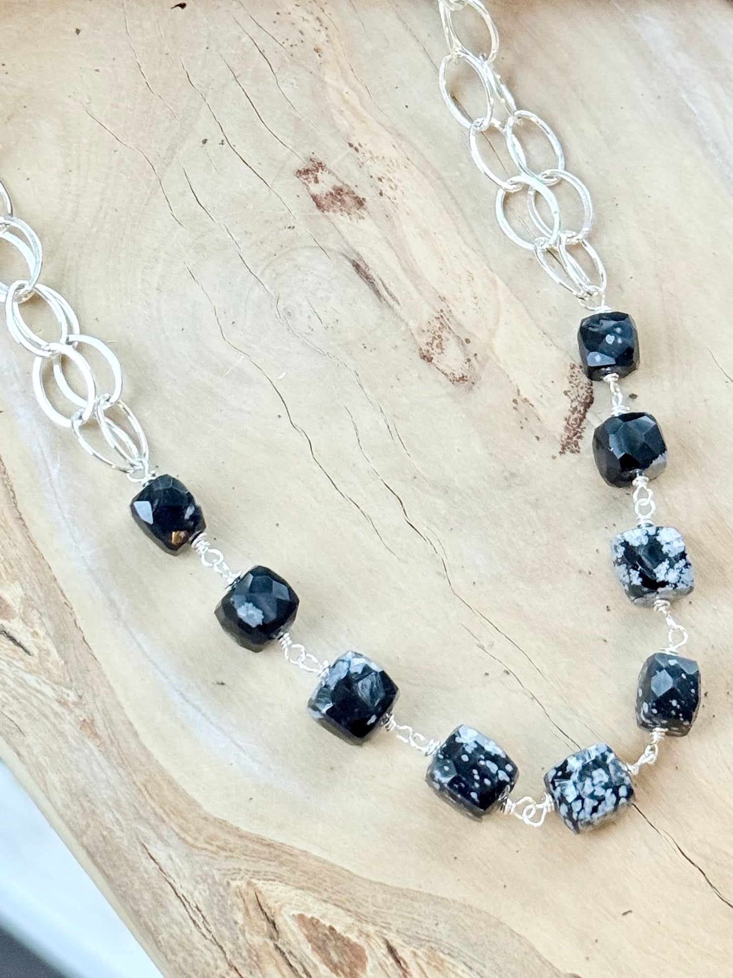 Snowflake Obsidian + Silver Double Chain Necklace