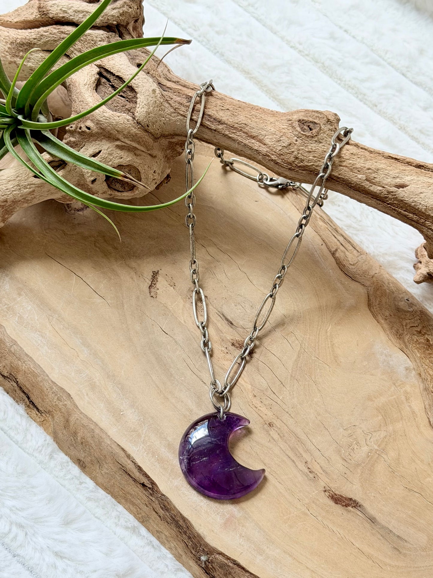 Amethyst Moon + Antique Silver Necklace