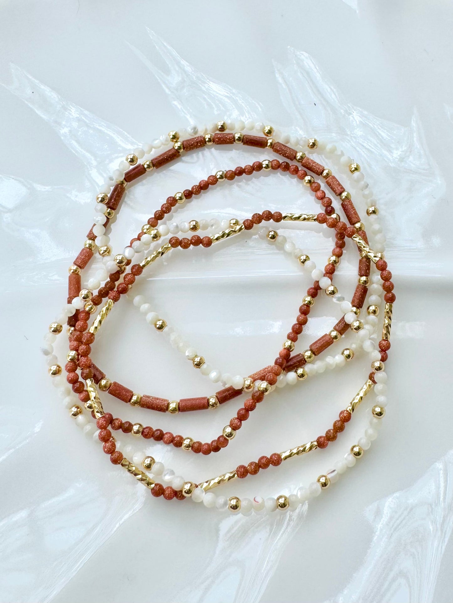 Mother of Pearl + Goldstone Gold Stack (5-stack)