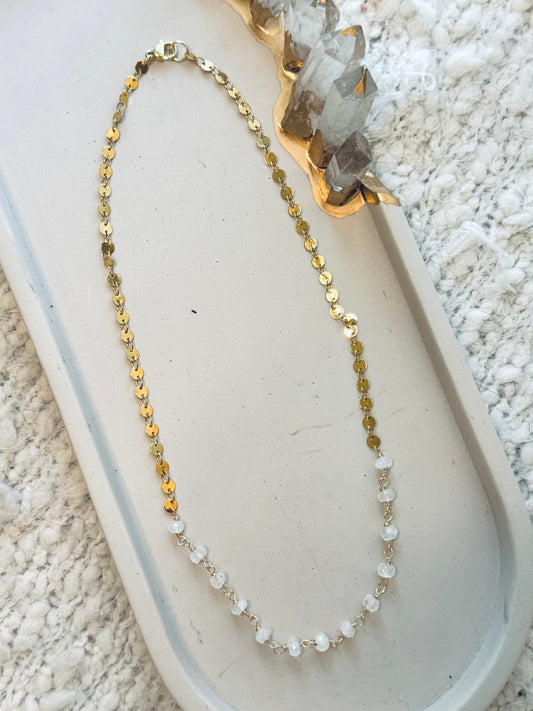 Rainbow Moonstone + Gold Sequin Chain Necklace
