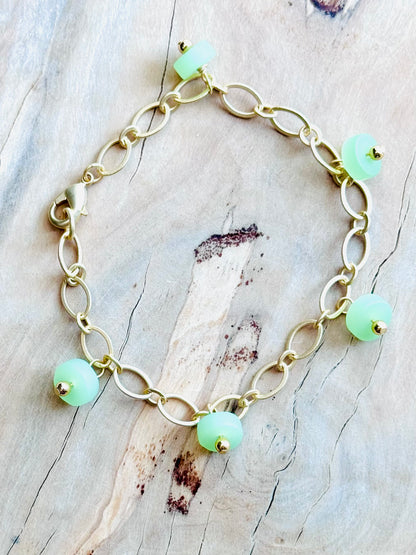 Green Sea Glass + Matte Gold Chain Bracelet