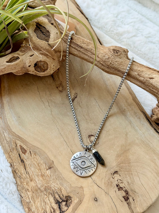 Labradorite Spike + Silver Evil Eye Necklace