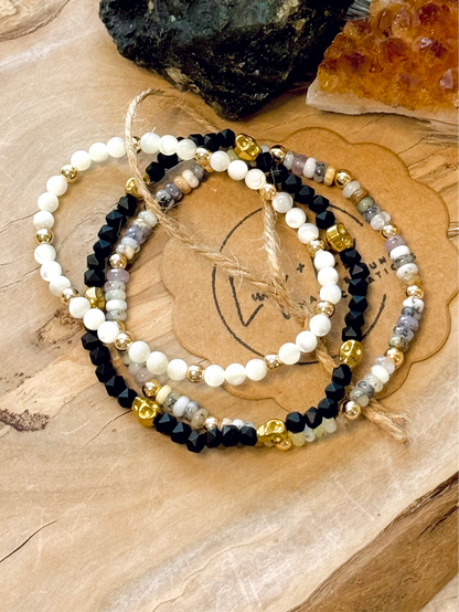 Opal + Onyx Gold Skully Stack (3-stack)