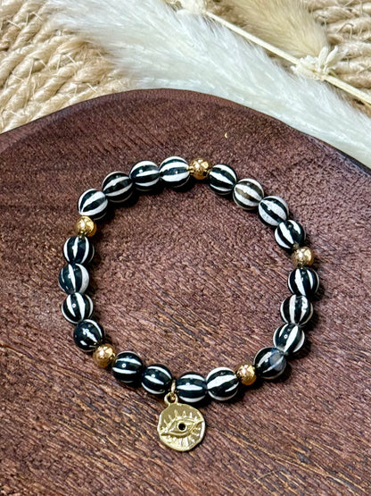 Black + White Striped Tibetan Agate + Gold Chunky Charm Band