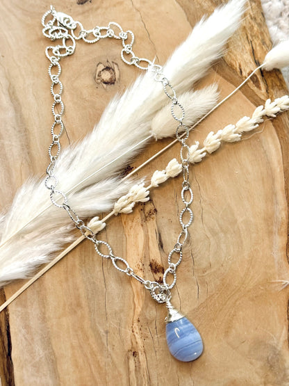 Blue Lace Agate + Silver Pendant Necklace