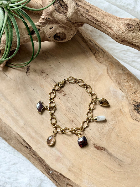 Mixed Warm Gems + Gold Stainless Charm Bracelet