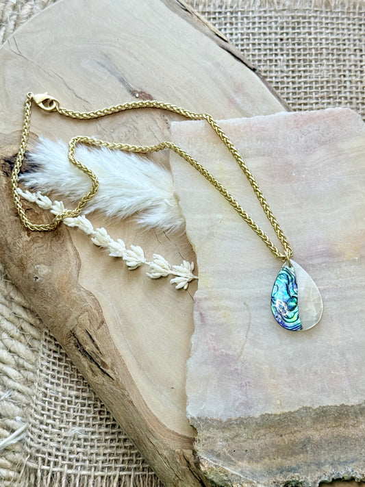 Mother of Pearl + Abalone Matte Gold Teardrop Necklace