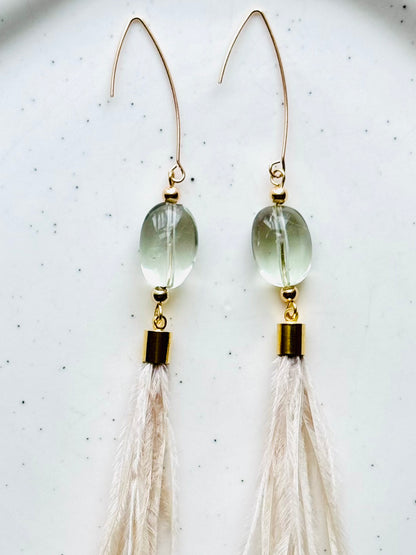 Green Amethyst + Gold Blonde Feather Earrings