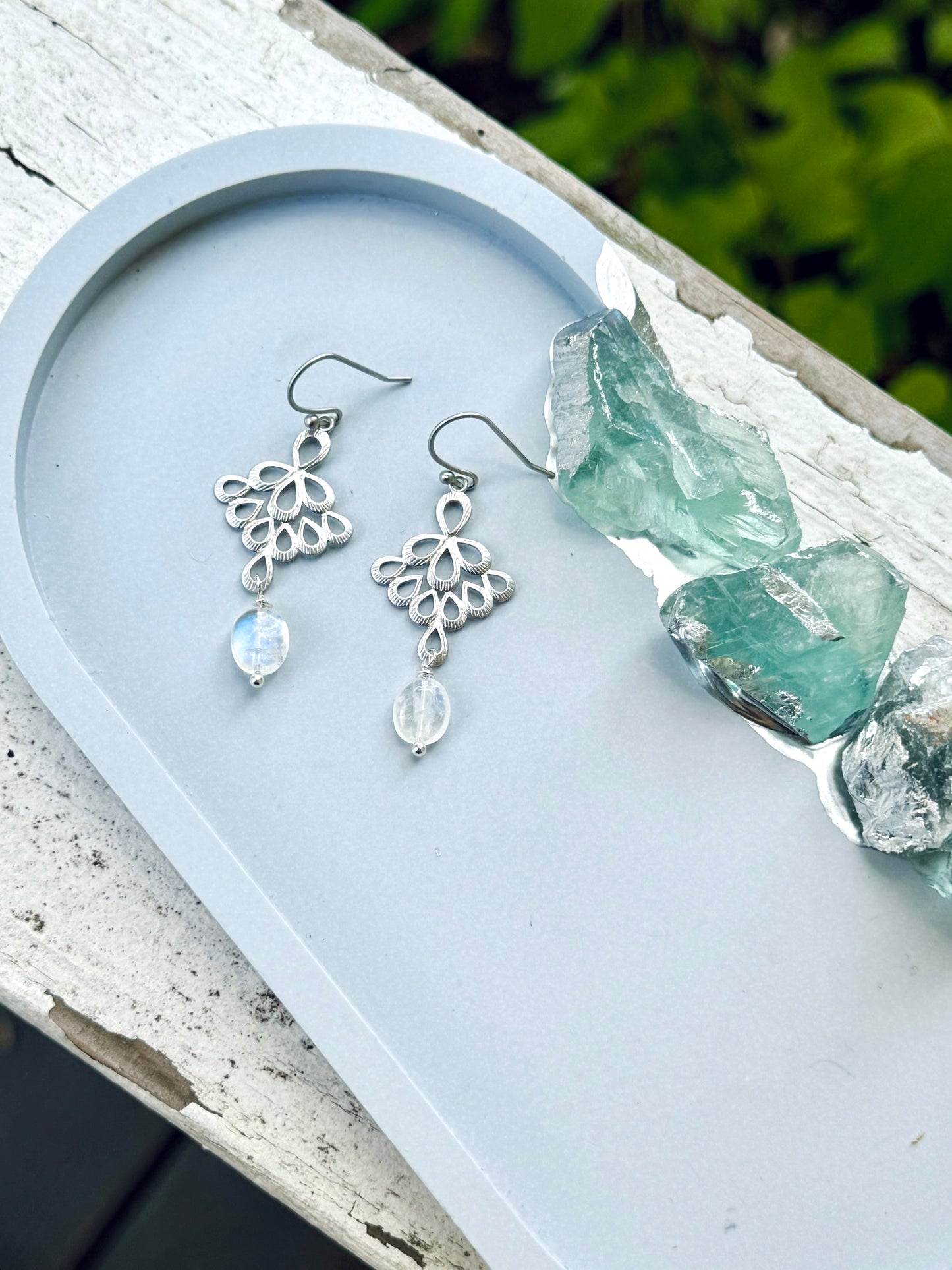 Rainbow Moonstone + Matte Silver Floral Earrings