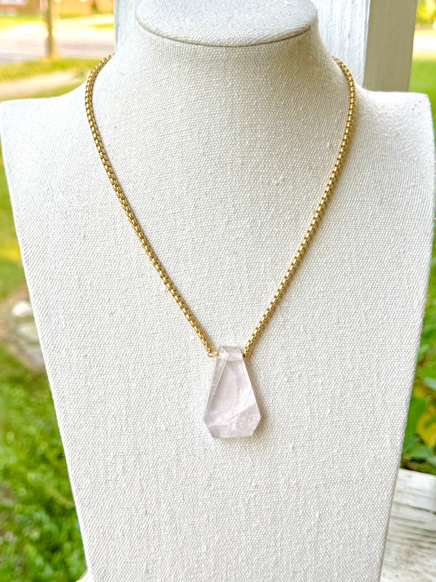 Rose Quartz Pendant + Matte Gold Necklace