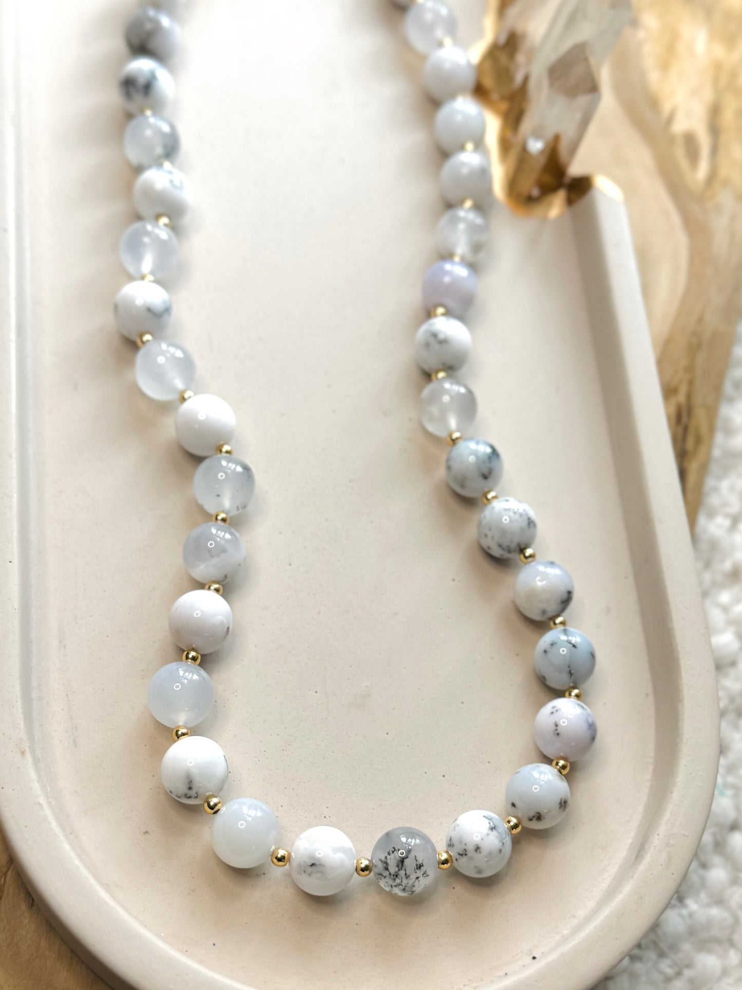 Chunky White Opal + Gold Beaded Necklace