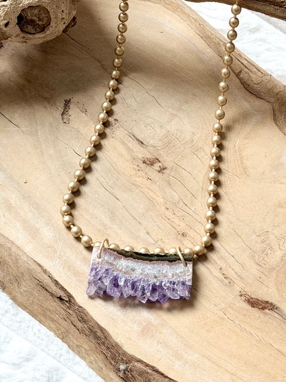 Rough Cut Amethyst + Matte Gold Ball Chain Necklace
