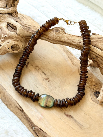 Labradorite + Brown African Glass Chunky Necklace