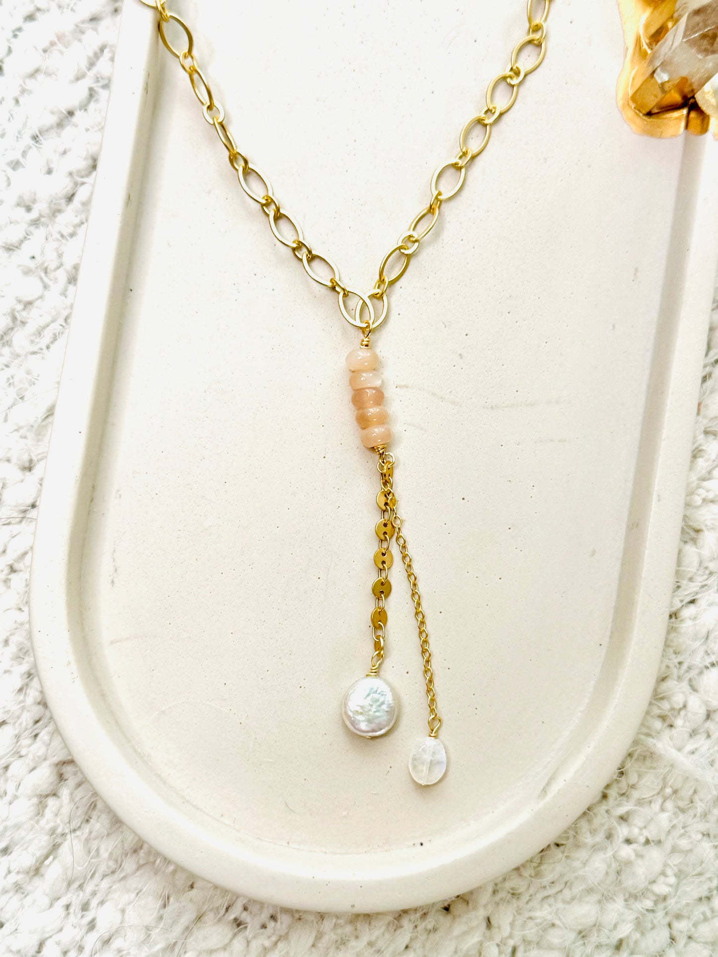 Peach Moonstone + Matte Gold Lariat Necklace