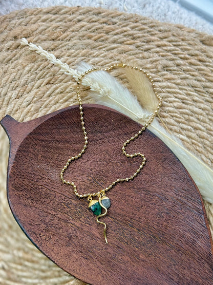 Emerald + Black Sunstone Gold Charm Necklace