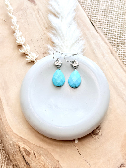 Turquoise + Matte Silver Diamond Earrings