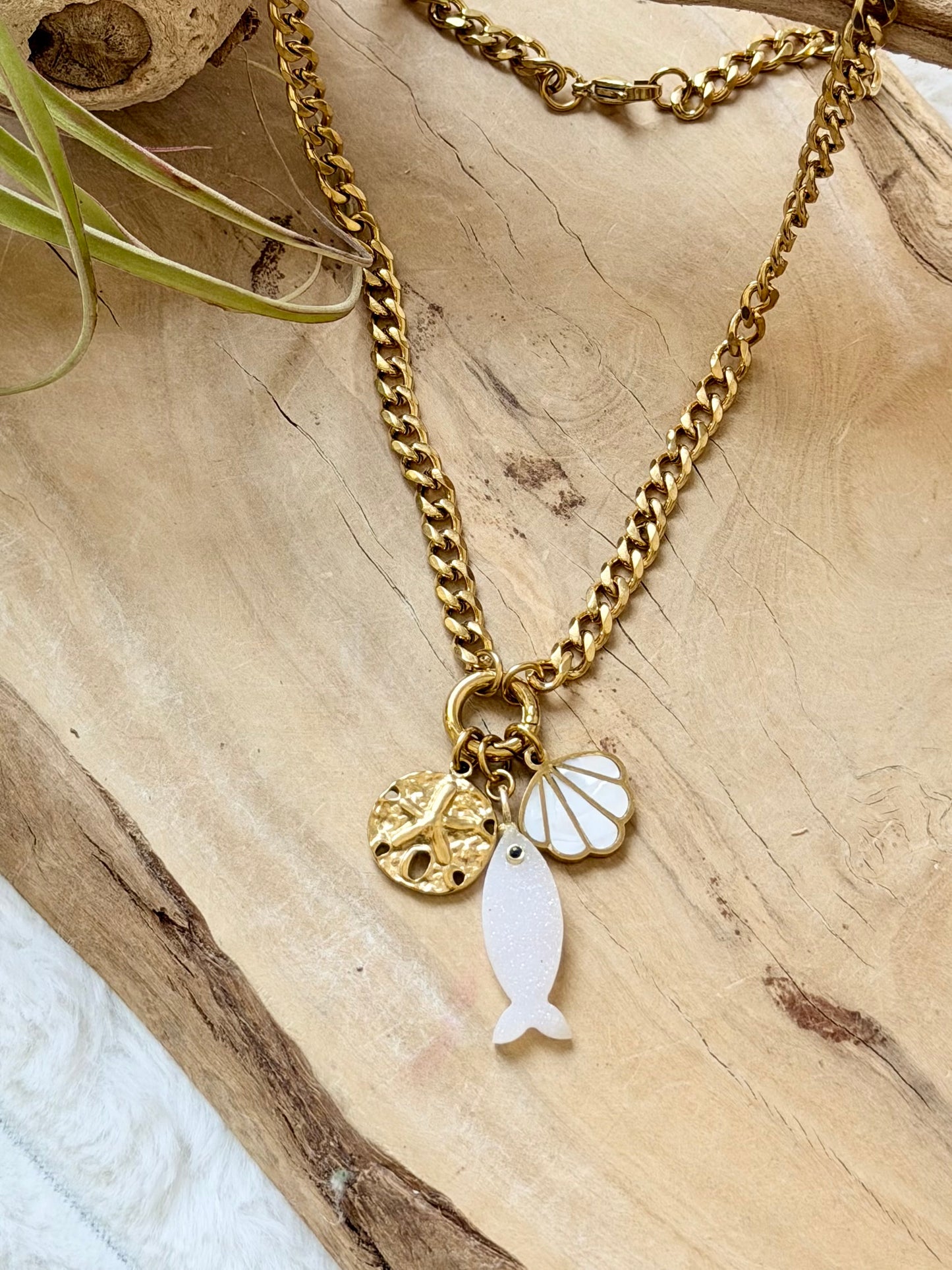 Druzy Agate Fish + Mother of Pearl Gold Stainless Carabiner Charm Necklace