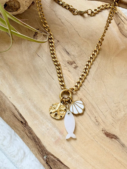 Druzy Agate Fish + Mother of Pearl Gold Stainless Carabiner Charm Necklace