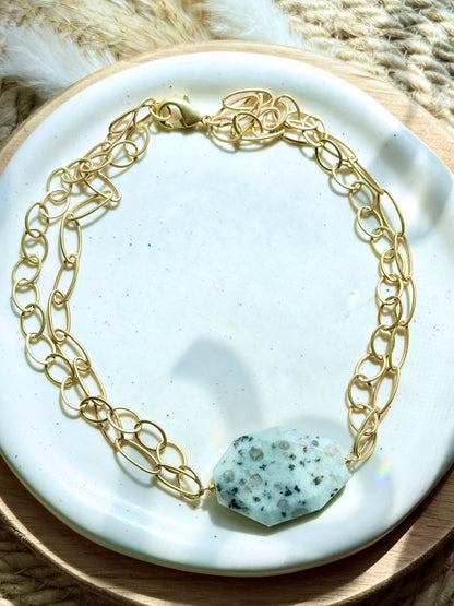 Kiwi Jasper + Matte Gold Double Chain Necklace