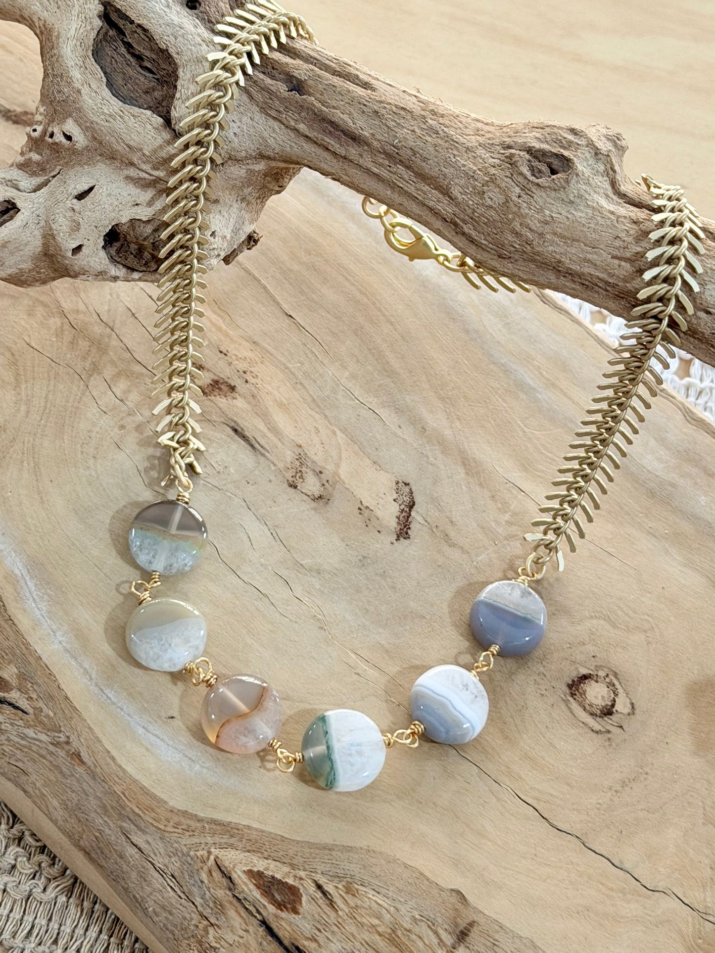 Phantom Agate + Matte Gold Fishbone Chain Necklace
