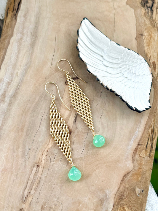 Chrysoprase + Matte Gold Mesh Earrings