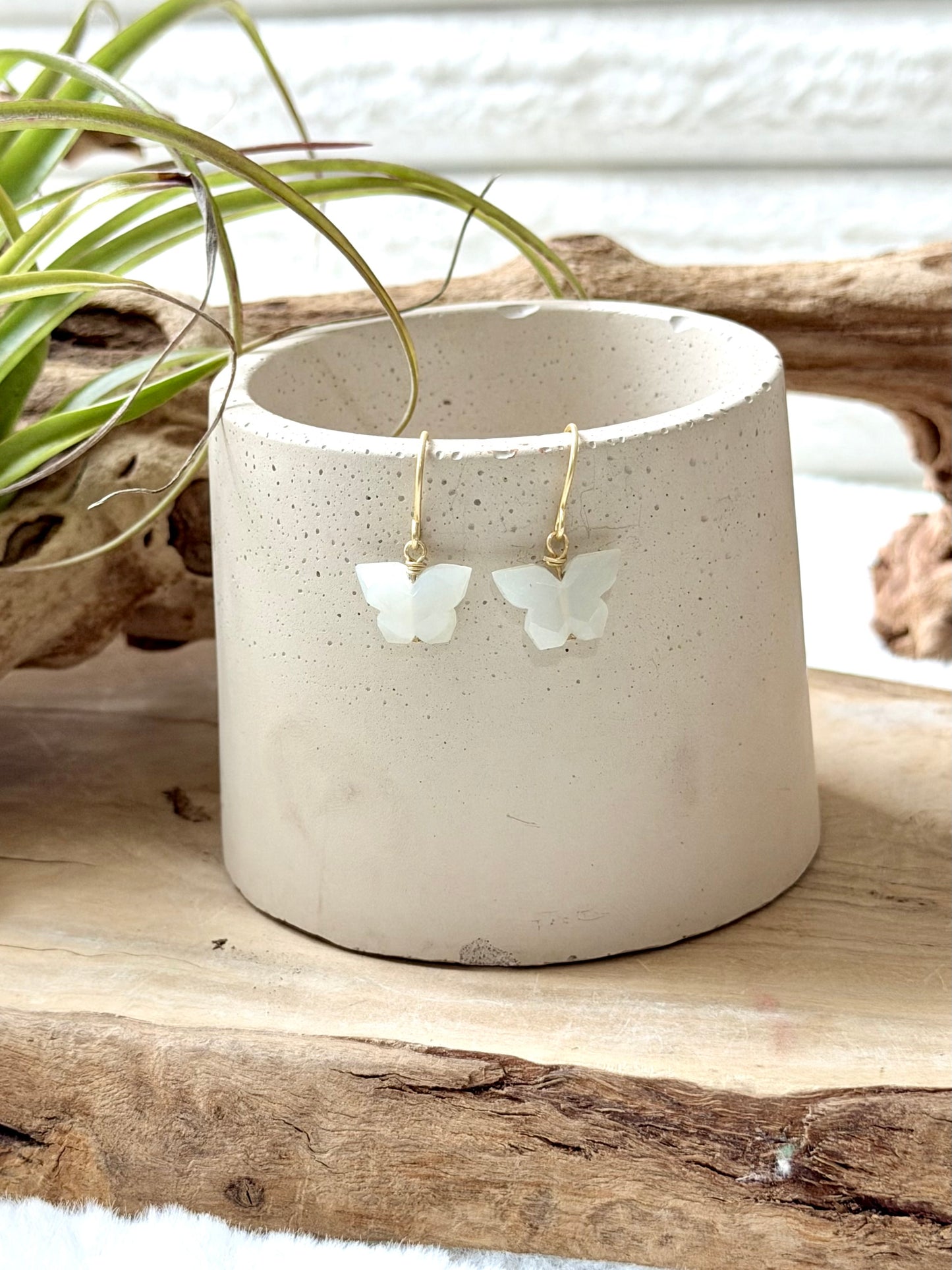 White Chalcedony + Matte Gold Butterfly Earrings