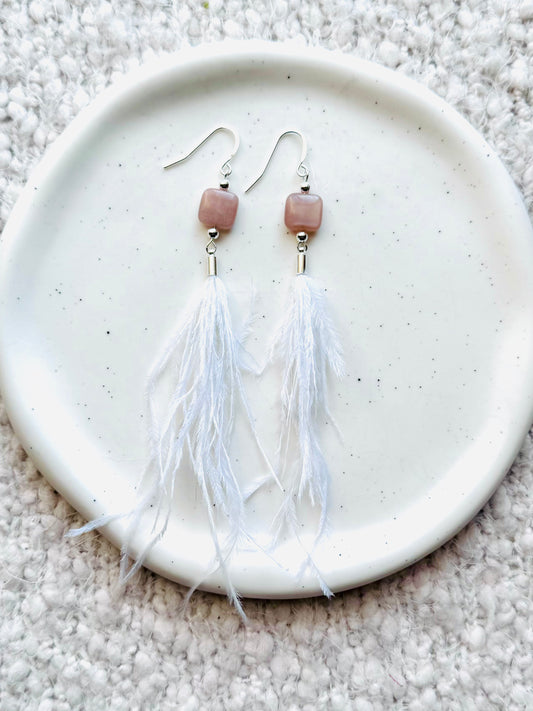 Peach Moonstone + Silver White Feather Earrings
