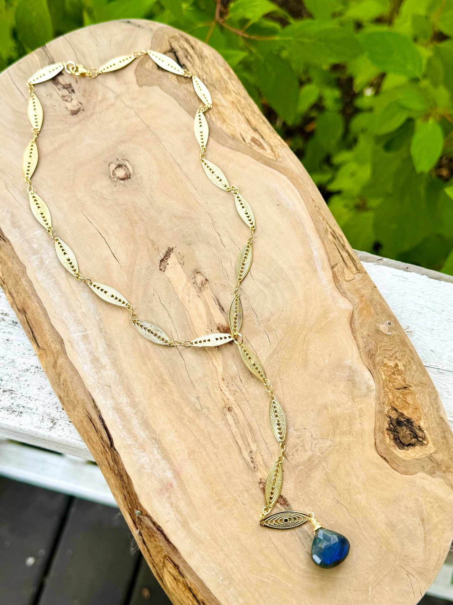 Labradorite + Gold Filigree Lariat Necklace