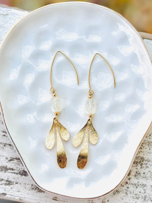 Botanical Dew Drop + Calcite Gold Dangle Earrings