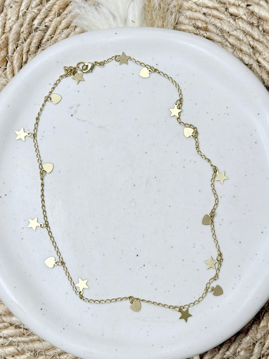 Heart + Stars Matte Gold Sequin Chain Necklace