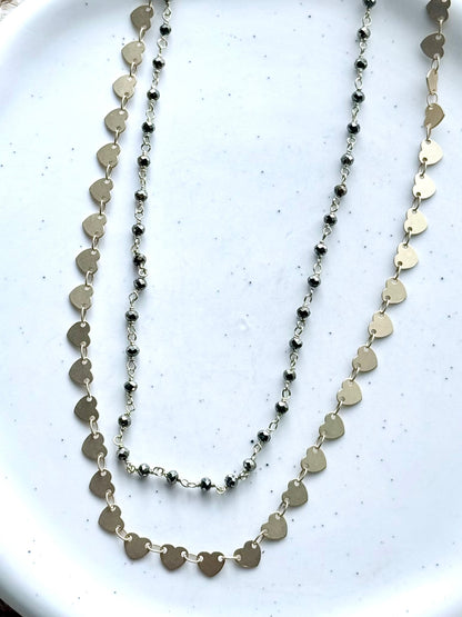 Pyrite + Matte Gold Heart Duet Necklace