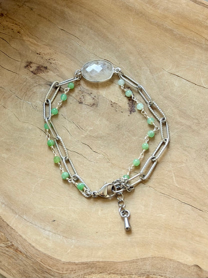 Rainbow Moonstone + Chrysoprase Duet Bracelet in Stainless Steel