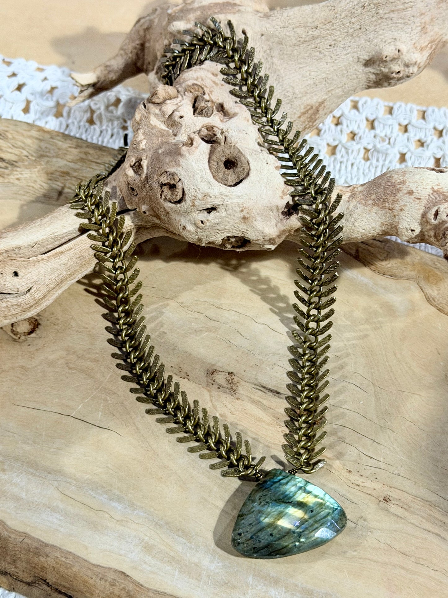 Labradorite + Antique Brass Fishbone Necklace
