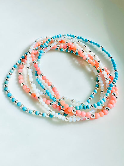 Coral + Turquoise Stack in Silver (6-stack)